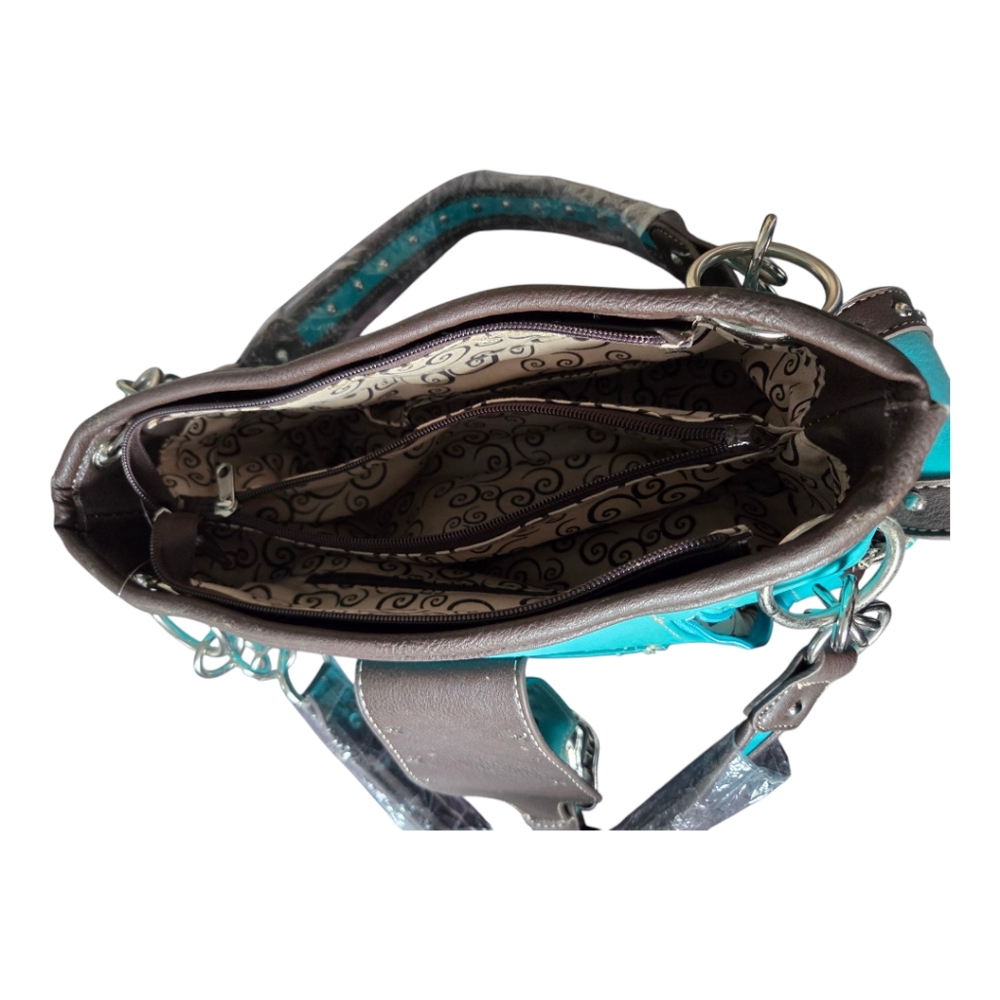 Western Rhinestone Turquoise Brown Conceal Carry Buckle Floral Women's Handbag - Picture 5 of 16
